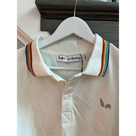 Pride Bunny White Rainbow Trim Polo Shirt sz M NWT LGBTQ - Picture 5 of 8